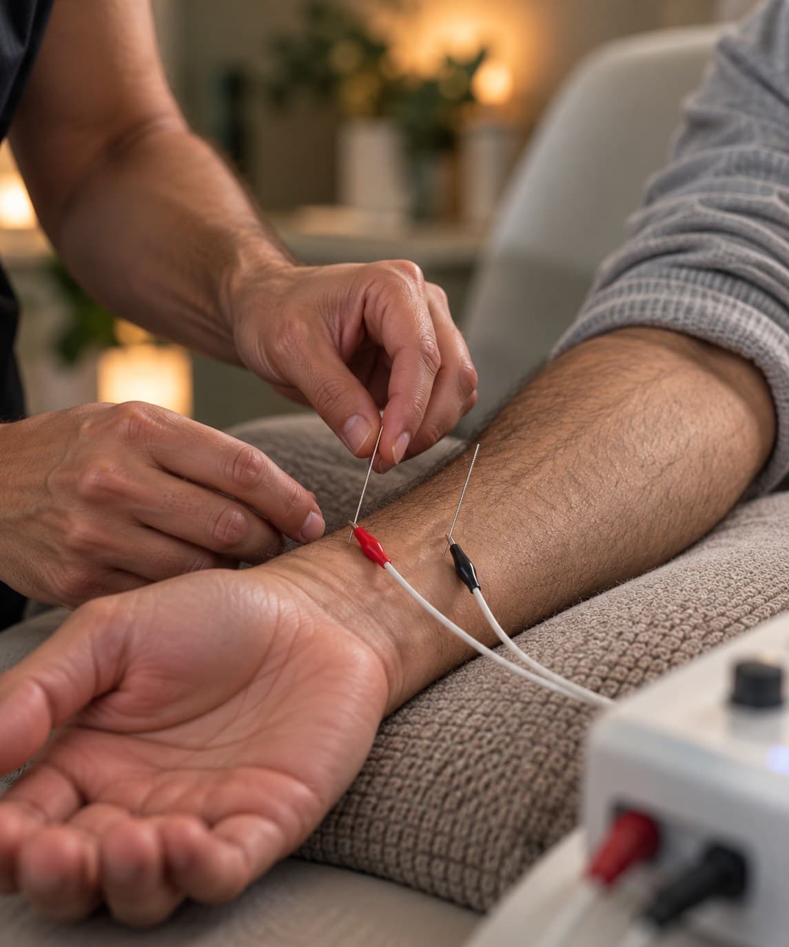 A practitioner's hands carefully placing a fine acupuncture needle at a male client's wrist during a Blood Electrification Treatment session