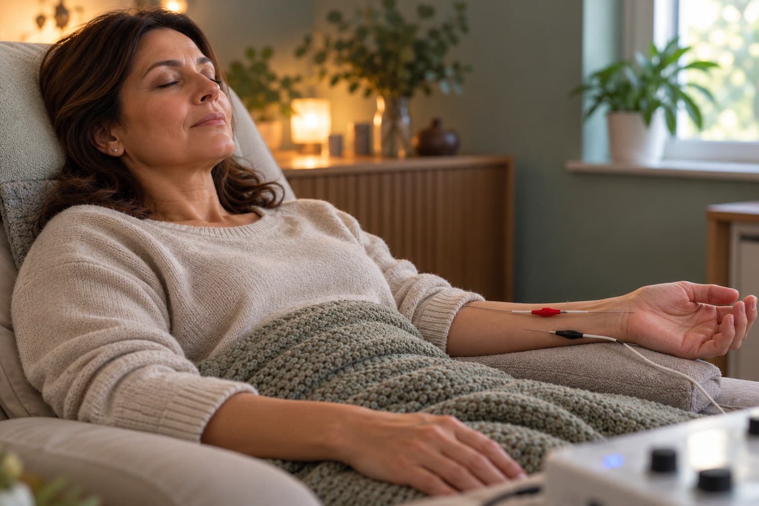 A client relaxed and reclined during a Blood Electrification Treatment session, fine needles in place at the wrist connected to the treatment device