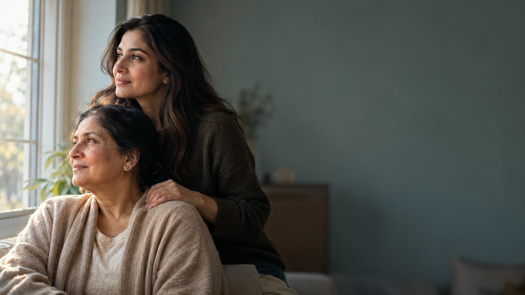 An adult daughter resting a hand on her mother's shoulder as they both look out of a window together