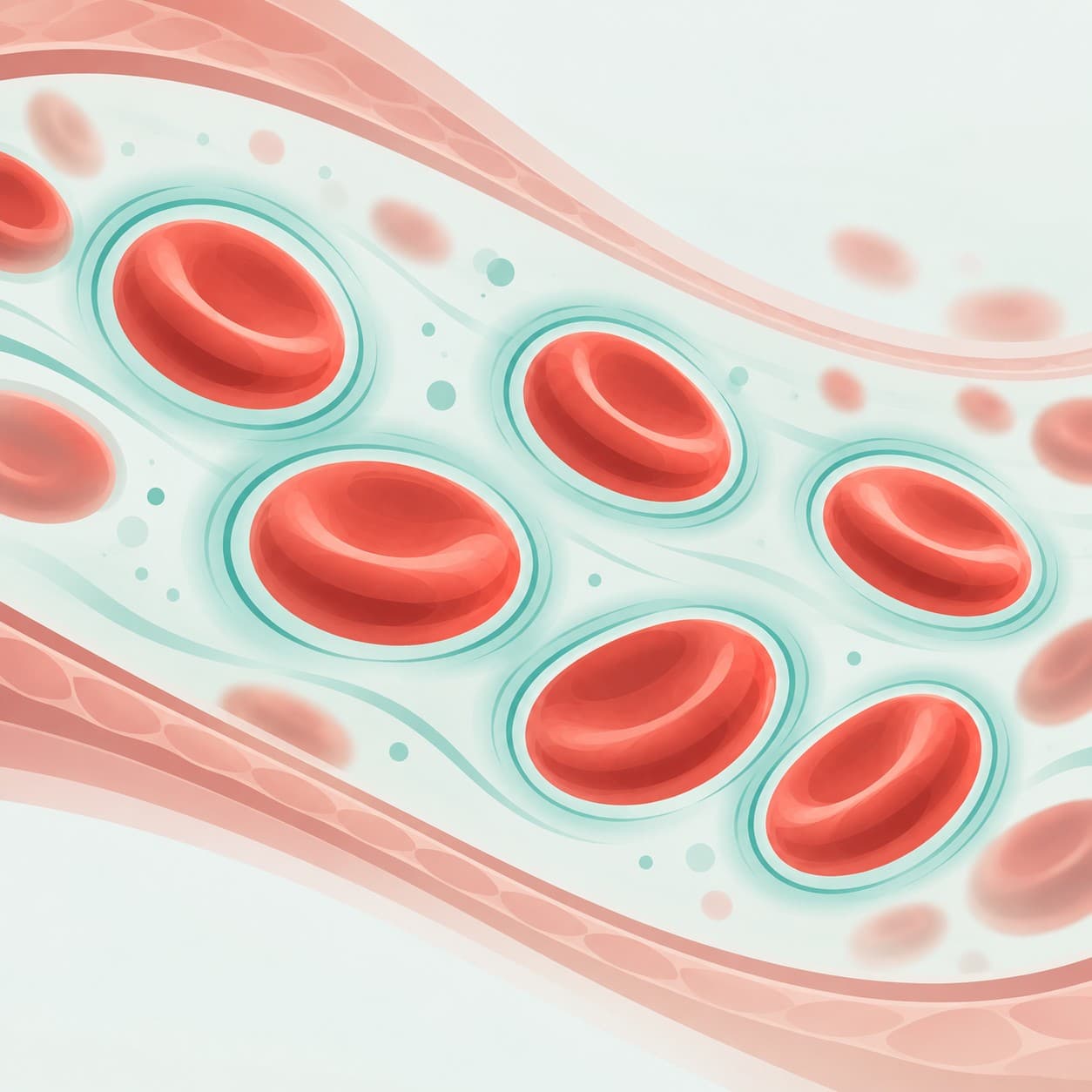 Illustration of red blood cells evenly spaced apart, each surrounded by a soft repelling halo, representing zeta potential